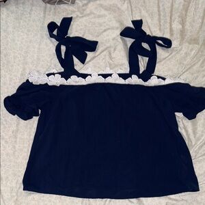 SHEIN Navy Blue Blouse with White Floral Detail